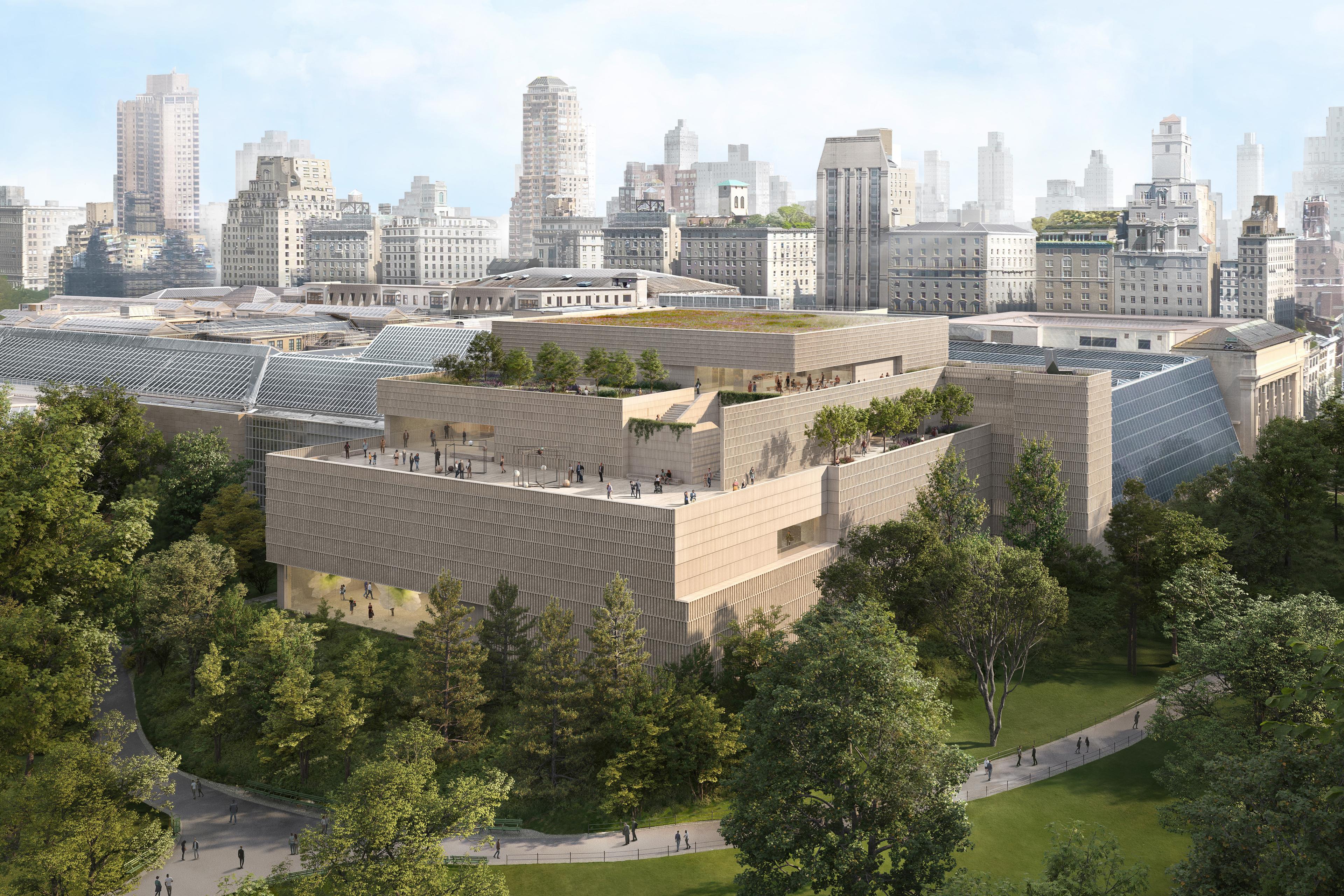 The Tang Wing multi-tiered building with rooftop greenery, surrounded by trees, set against a cityscape of tall buildings.