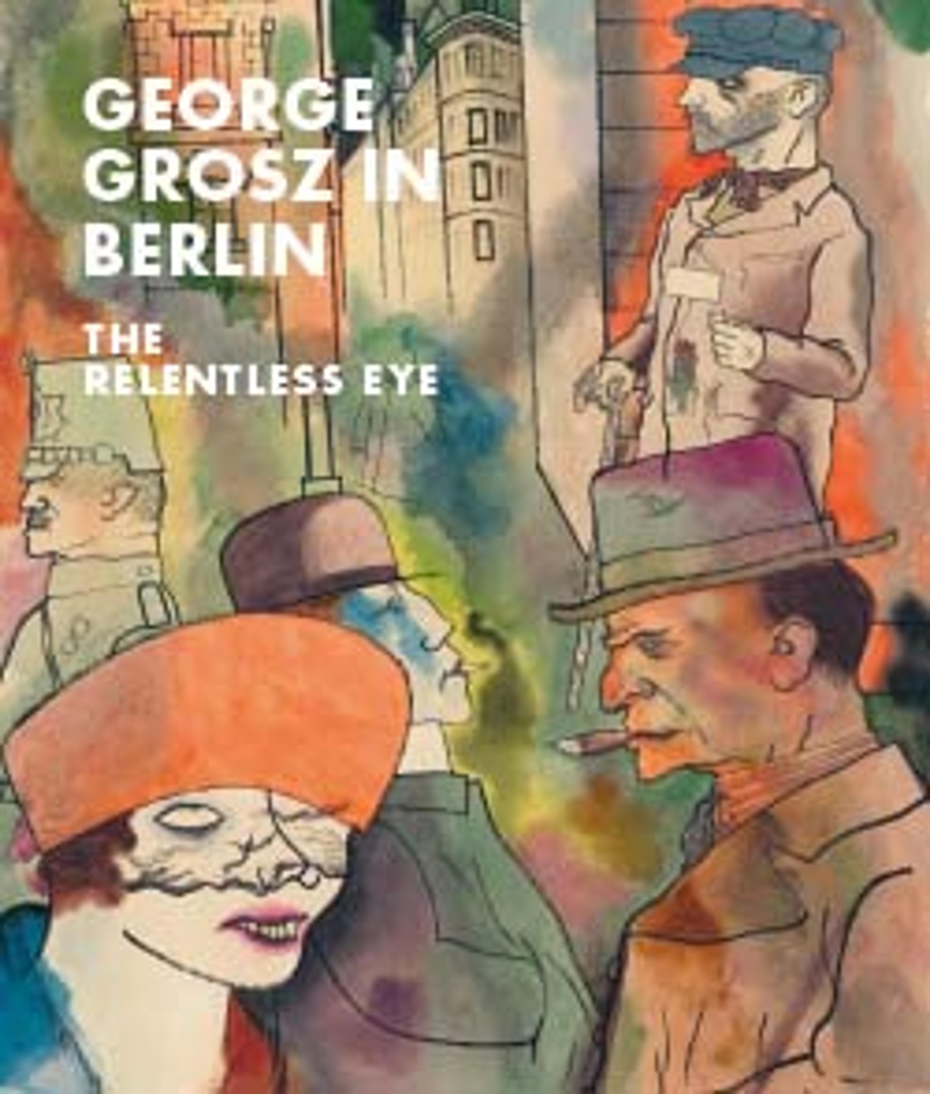 a brightly-colored but gritty street scene with several figures against a crowded cityscape