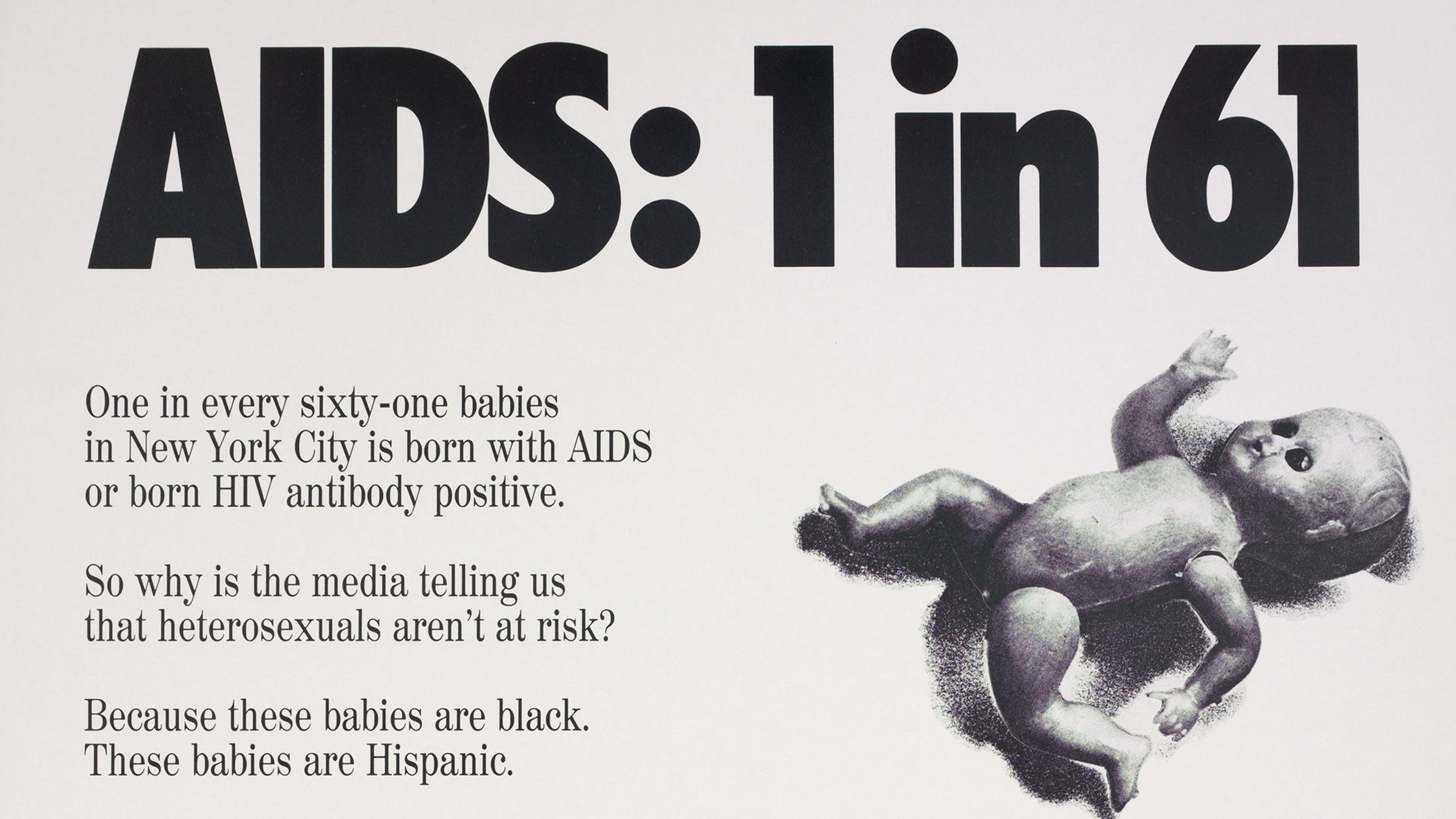 Black-and-white poster with a bold statistic about AIDS, an image of a baby doll, and accompanying text about HIV/AIDS in babies.
