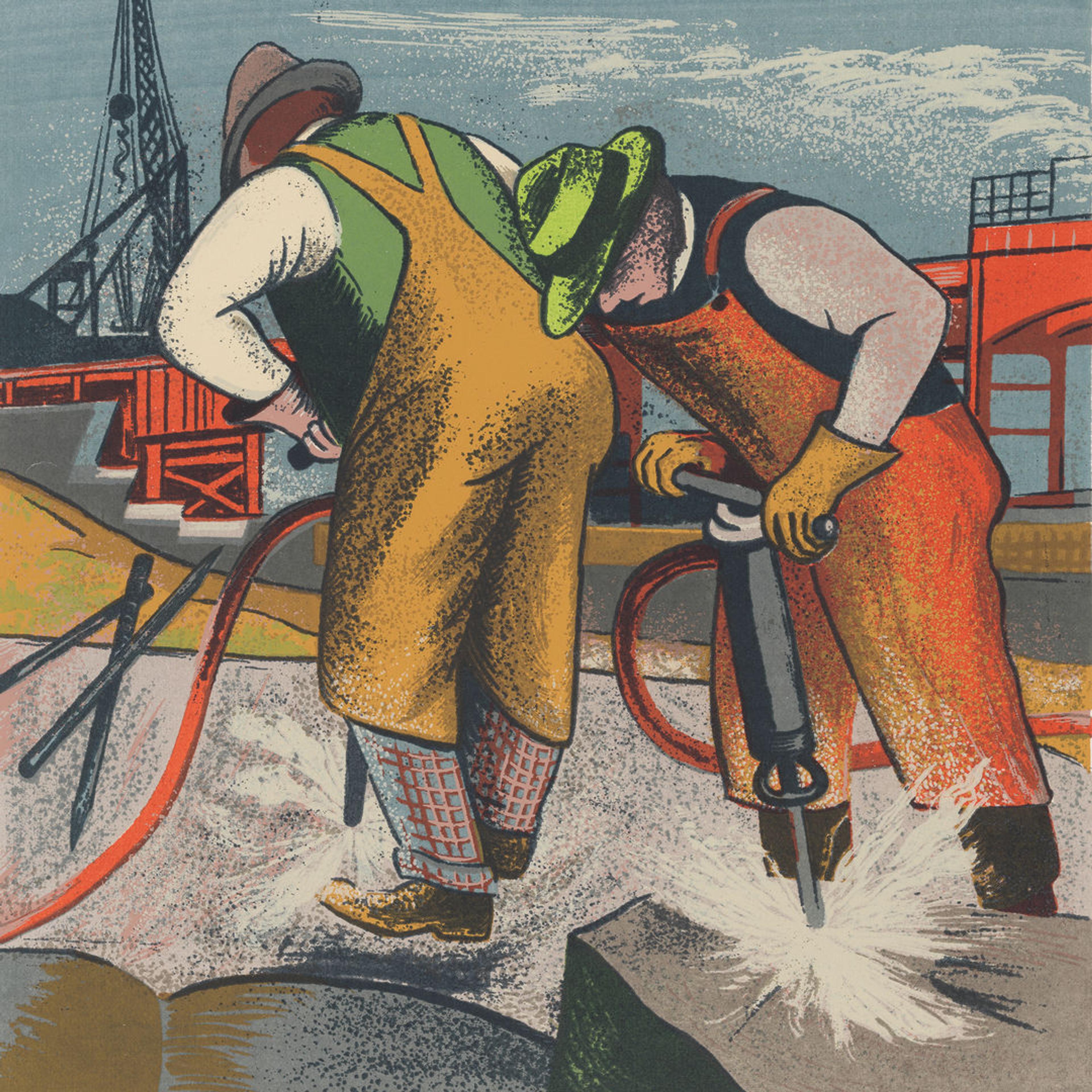 Colorful print of two workers drilling at the ground in front of an industrial construction setting. 
