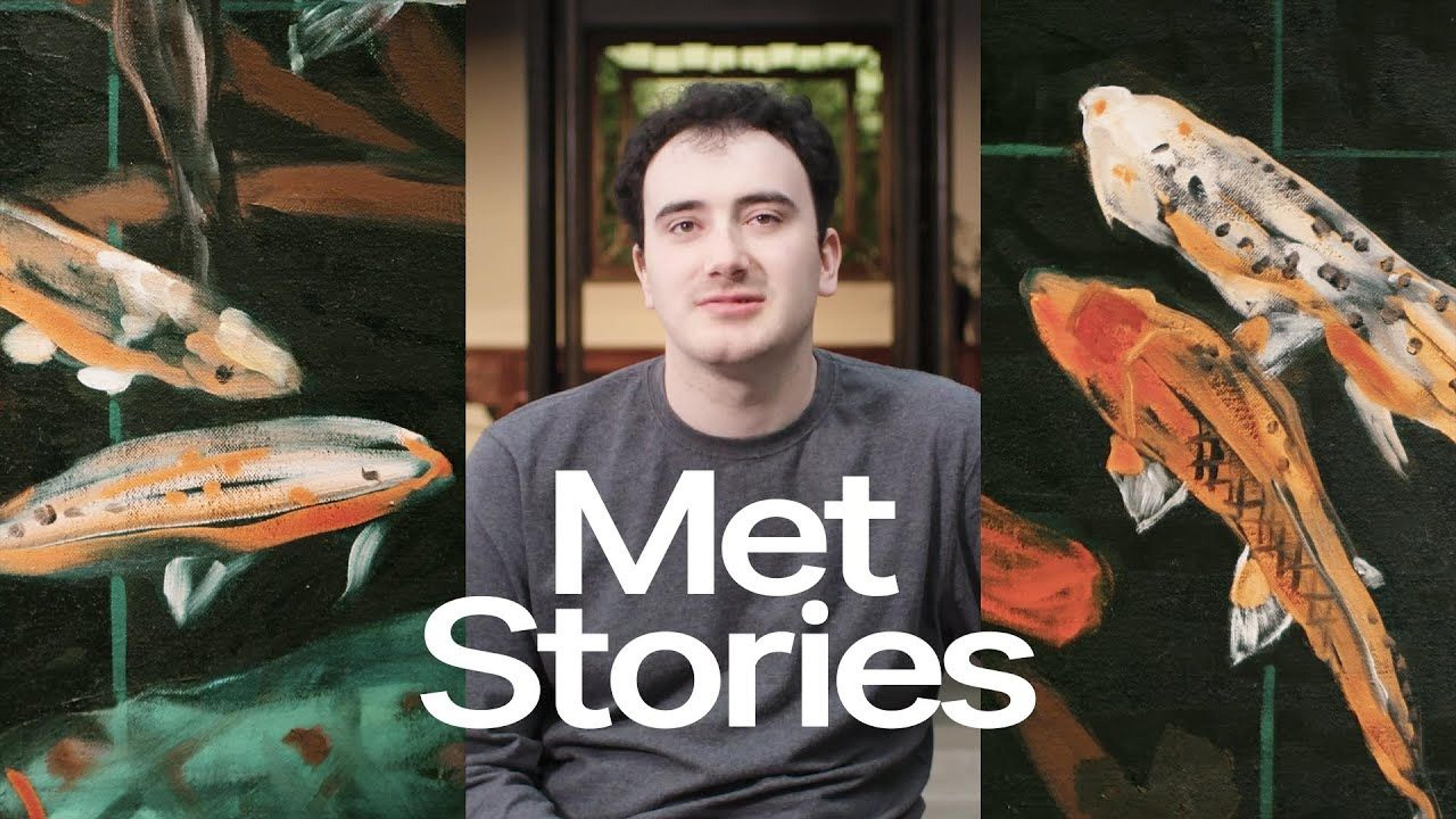 Composite image of Daniel-Bergmann seated in Astor Court framed on either side by paintings of koi fish; the text "Met Stories" appears in the center of the image