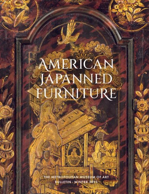 burgundy, gold, and black detailed lacquer furniture wit white title text