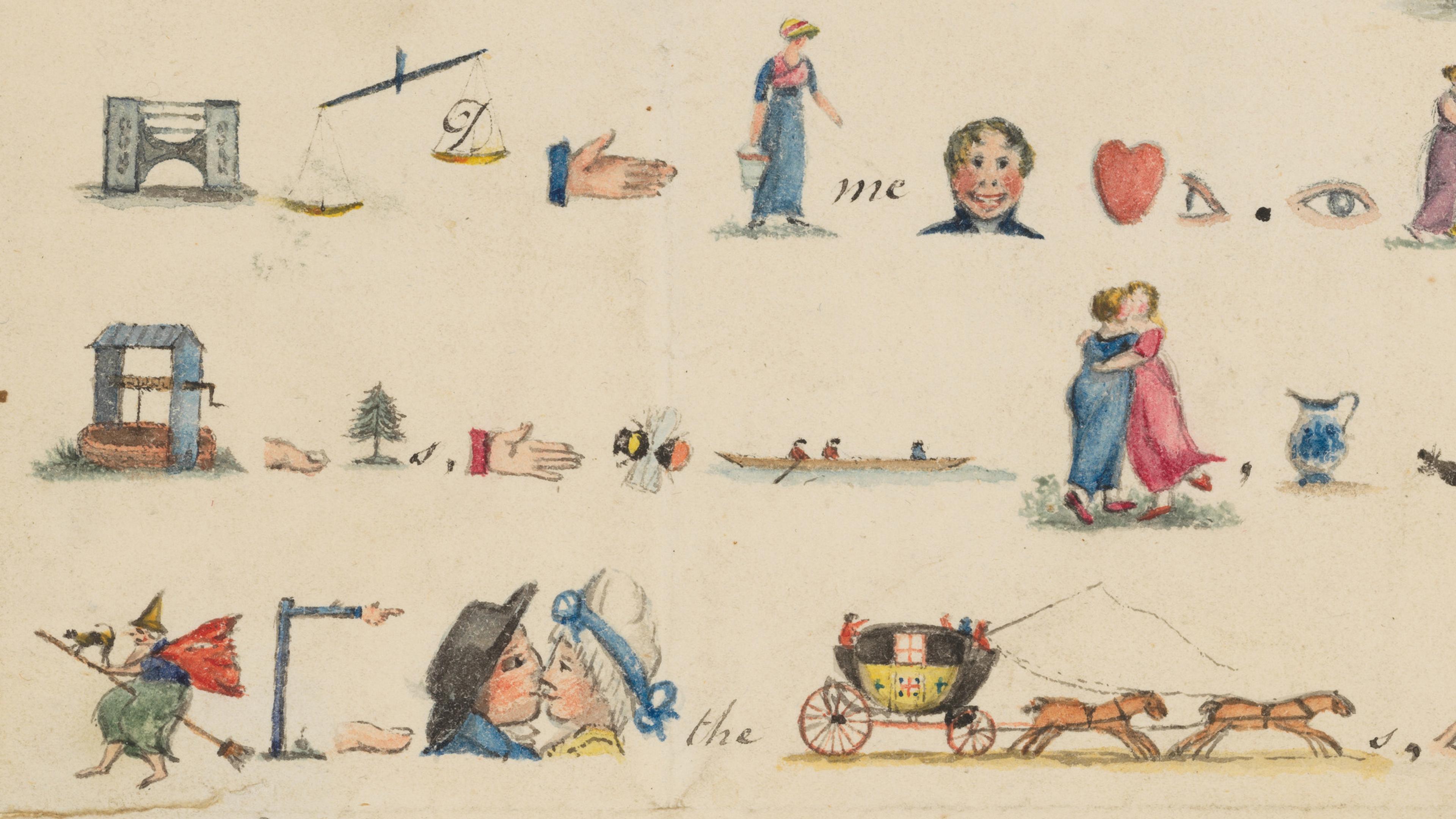 Detail of hand colored pen and ink rebus letter consisting of horizontal lines of images and letters.