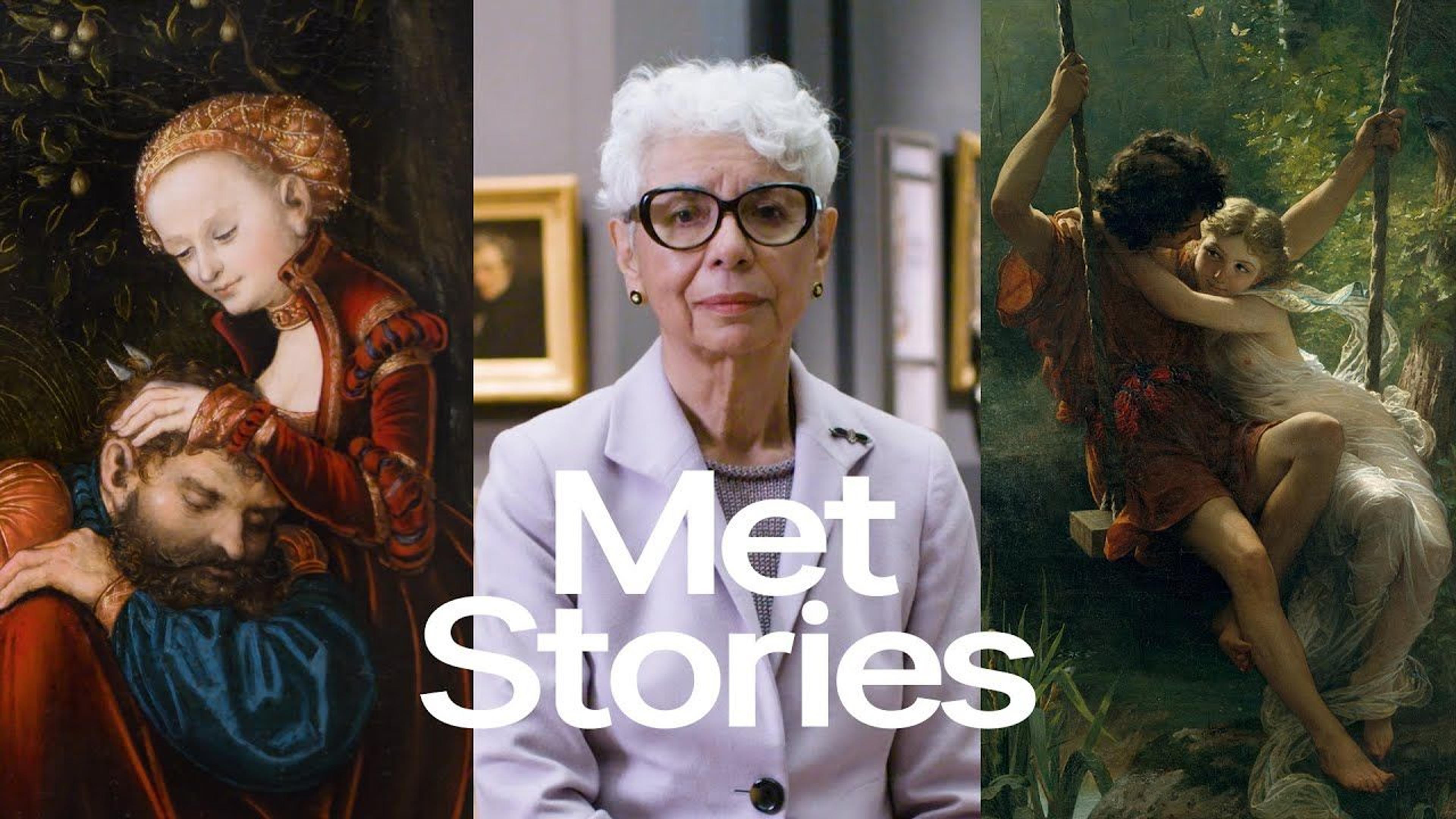 Met visitor Linbania Jacobson sits on a gallery bench in The Met's nineteenth-century painting galleries. She is framed to either side by two paintings; the text "Met Stories" appears in the center of the image.