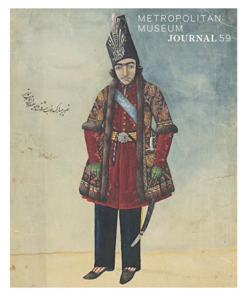 Aqa Buzurg Shirazi-Prince Nasir al-Din Mirza-Watercolor on paper- ombre blue and white background with man wearing an ornamental, red overcoat and black trousers in center of frame