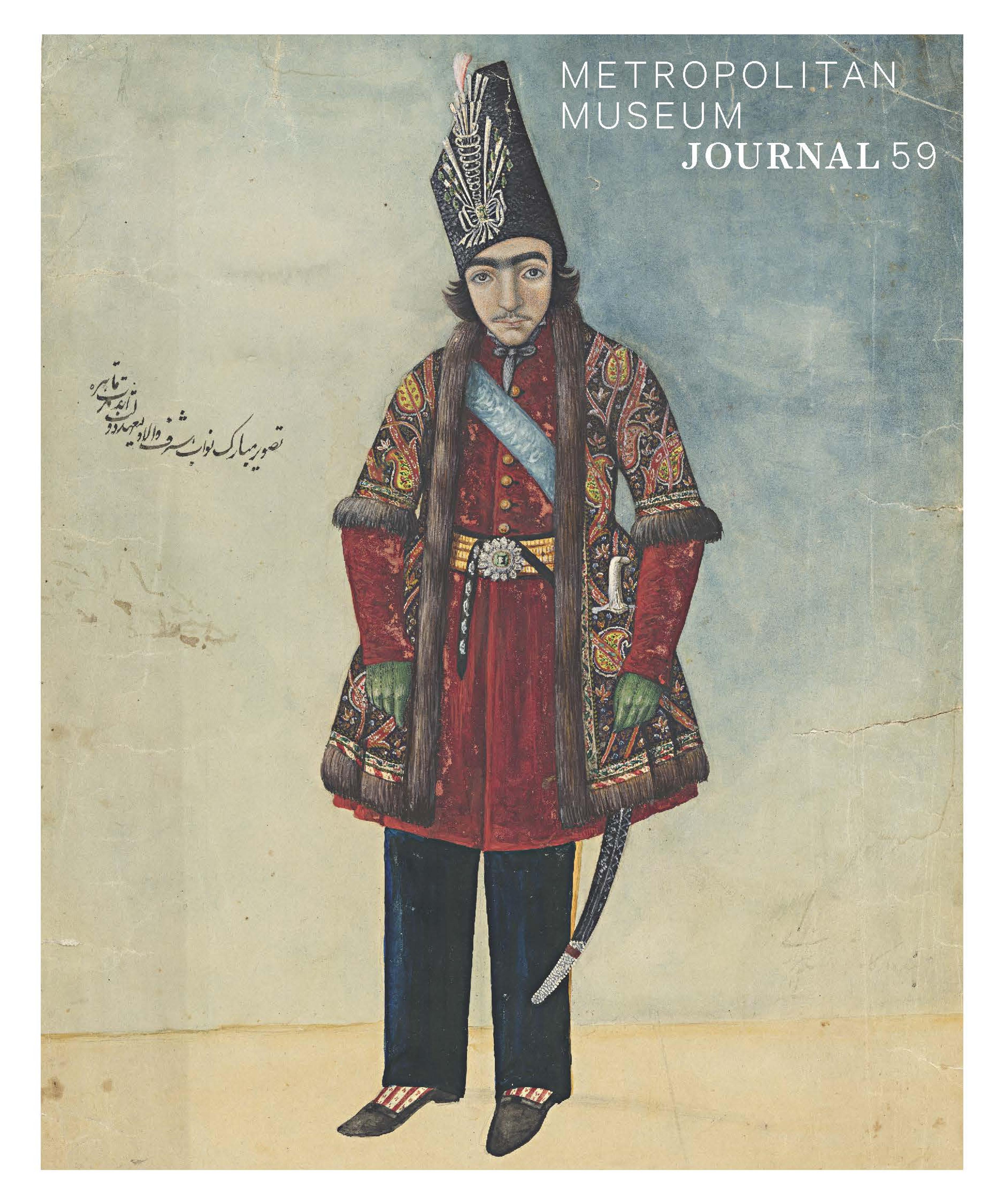 Aqa Buzurg Shirazi-Prince Nasir al-Din Mirza-Watercolor on paper- ombre blue and white background with man wearing an ornamental, red overcoat and black trousers in center of frame