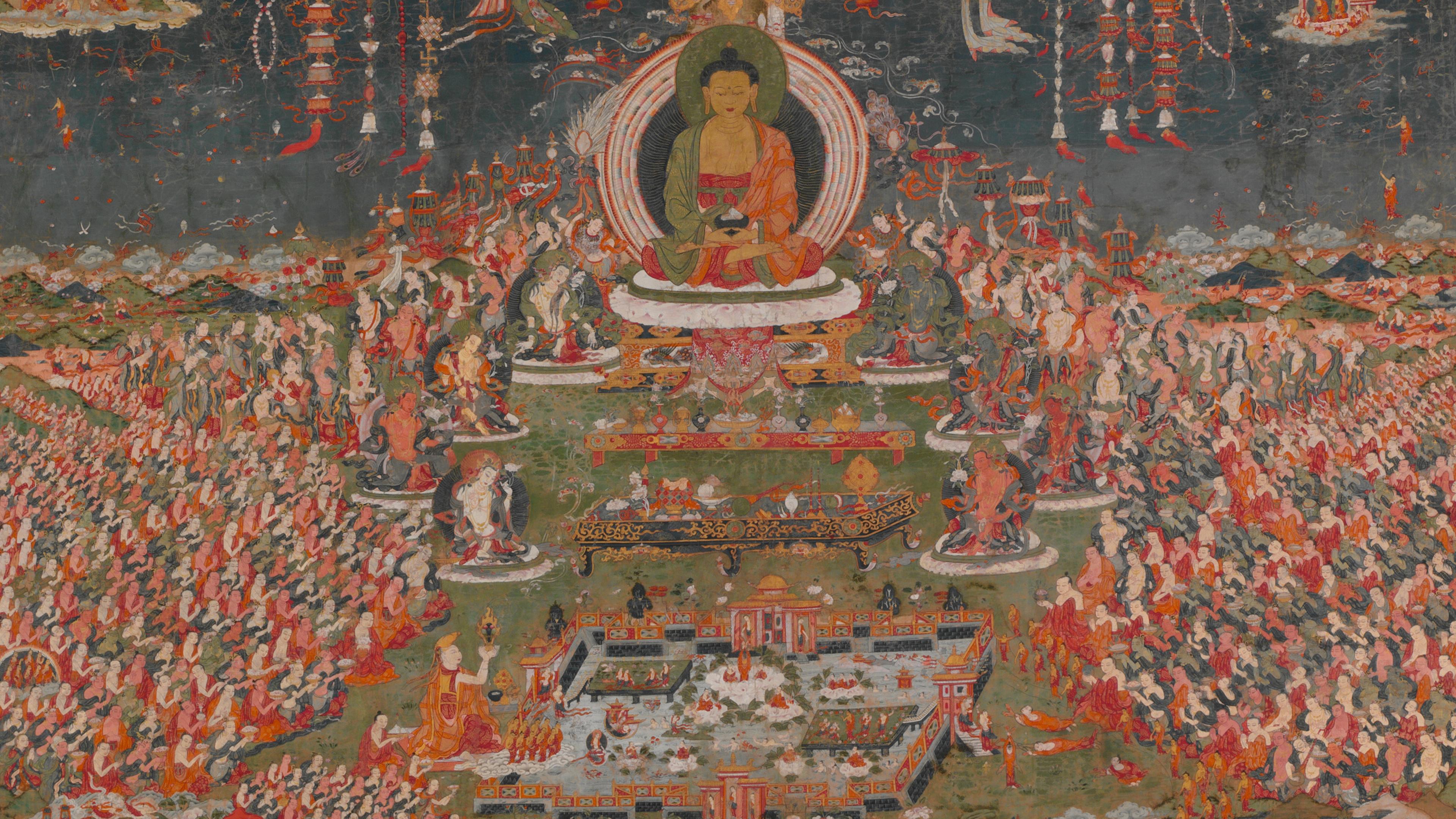 Dozens of figures assembled in front of a seated Buddha. The brightly colored scene suggests a splendid paradise.