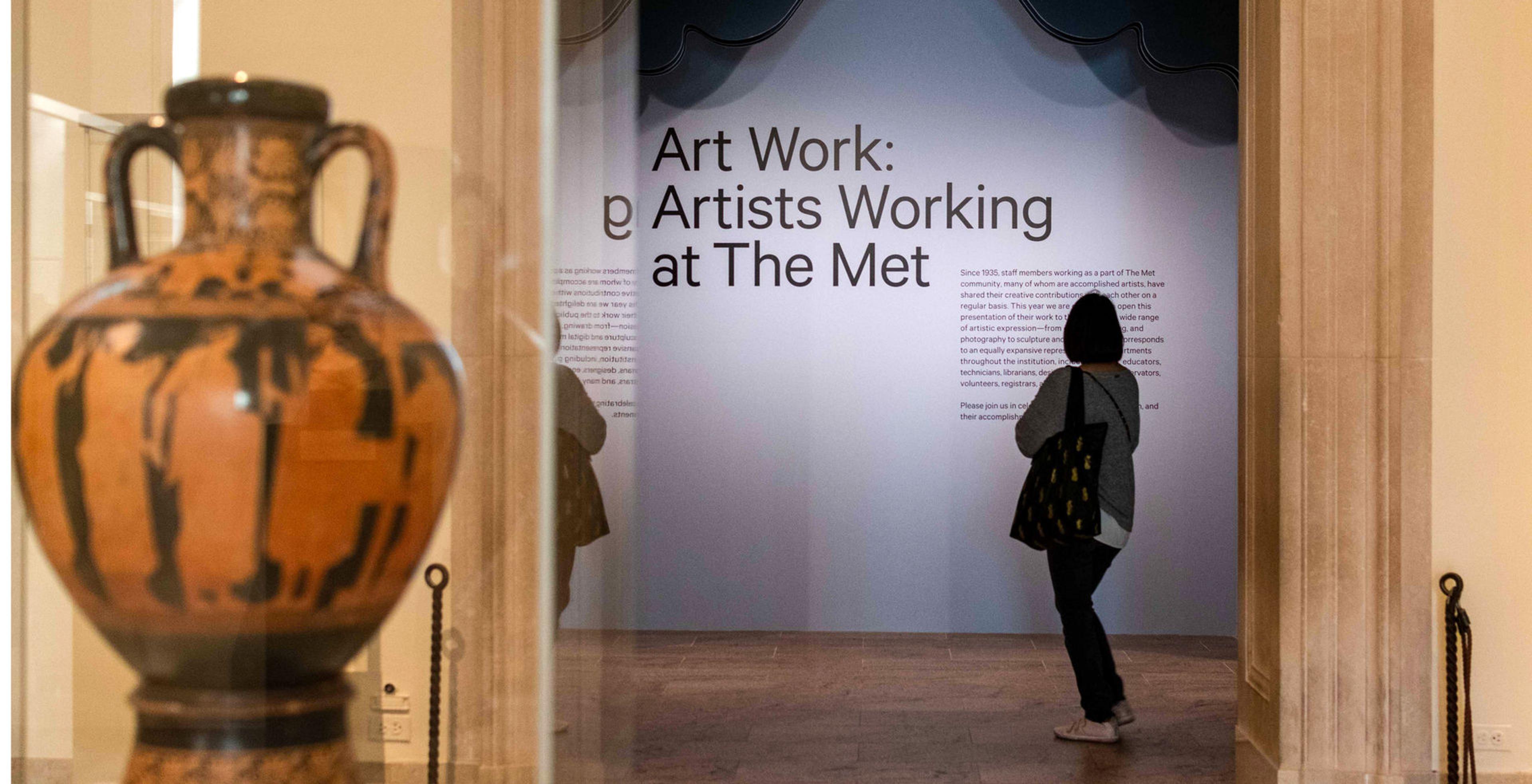 Gallery view with introduction panel of Art Work Artists Working at The Met