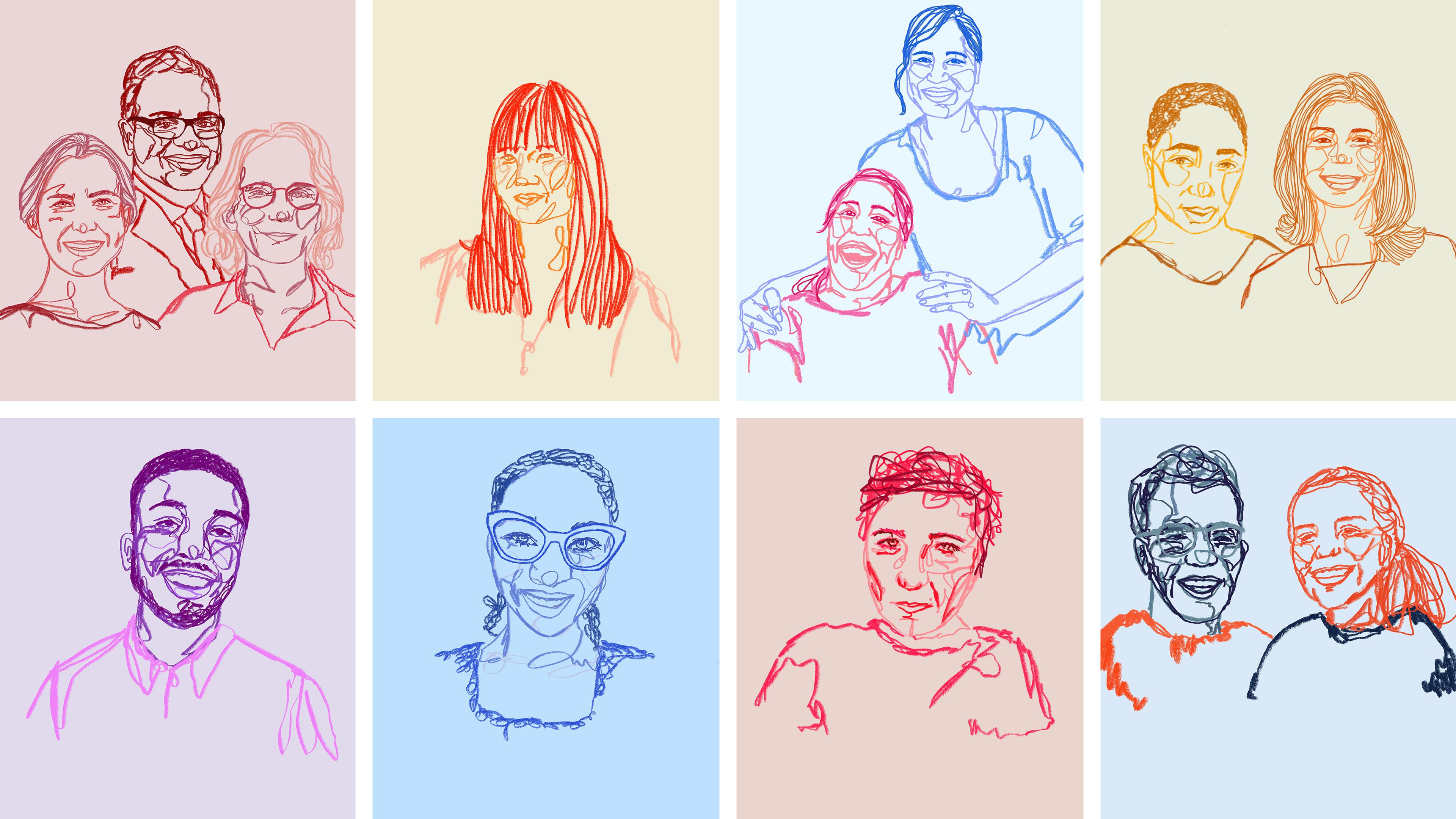 A grid of eight abstract line drawings of people, all on different color backgrounds.