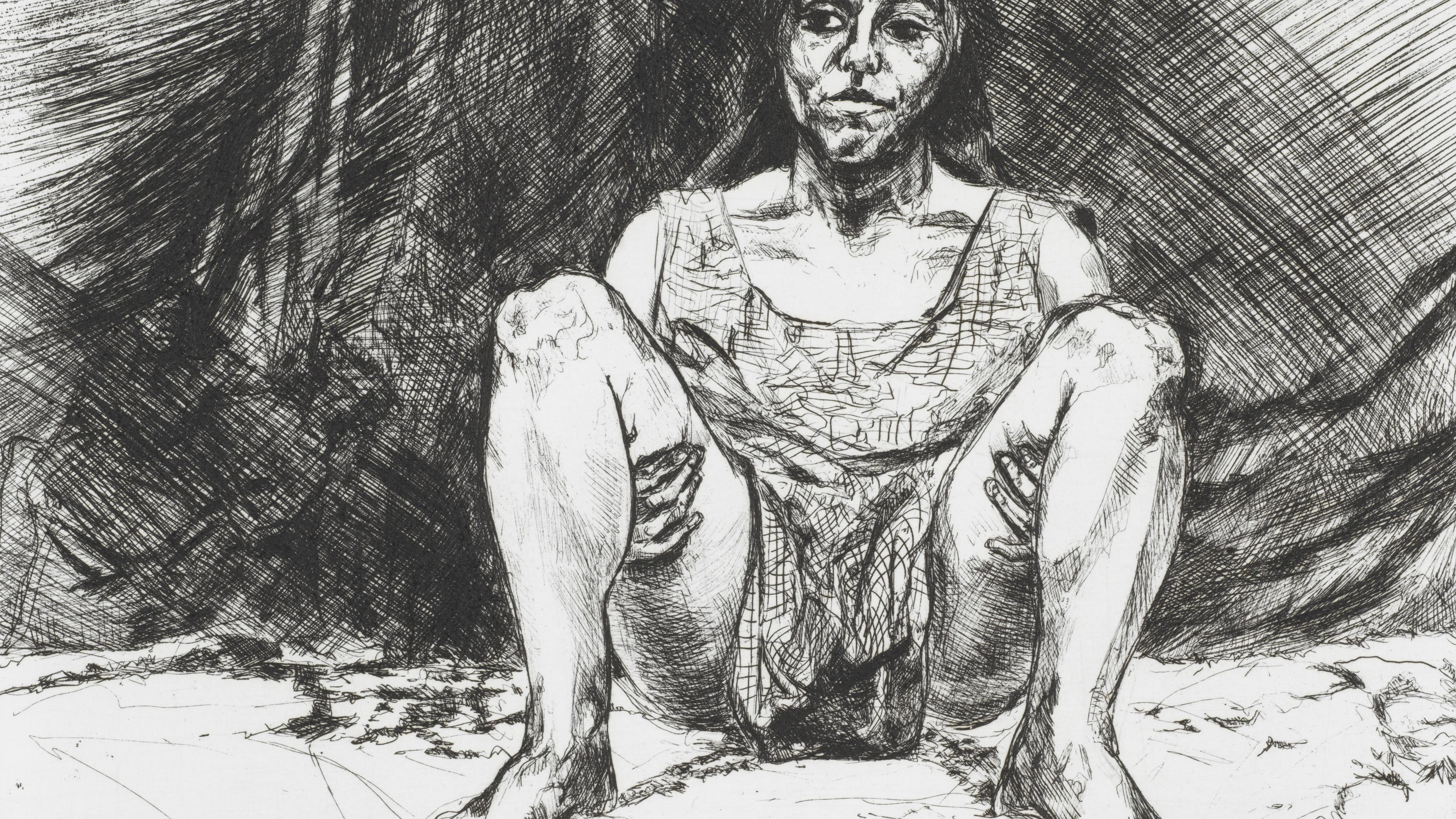Woman sitting, black and white shading. She looks to be in distress.
