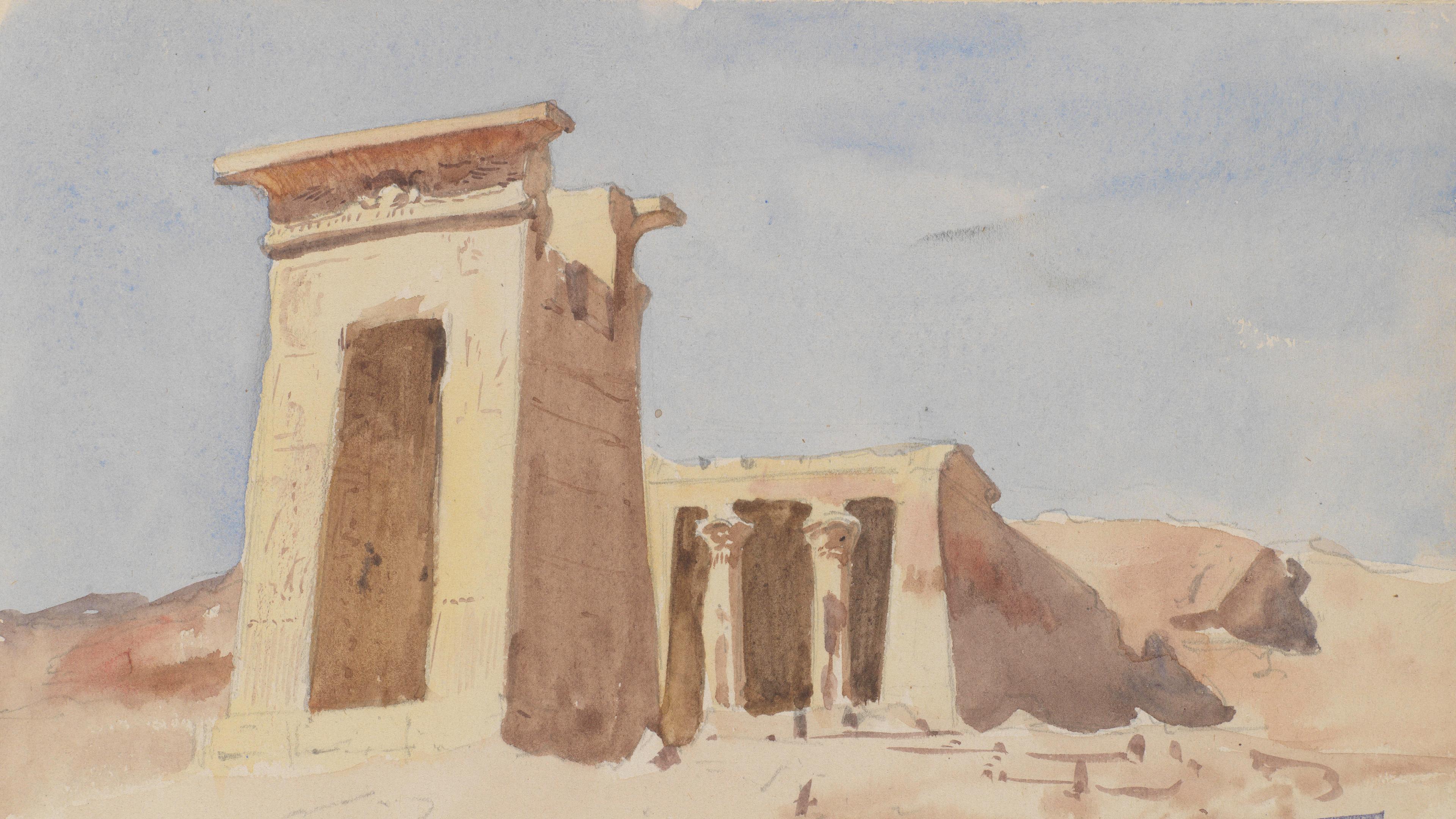 A watercolor and graphite painting of an Egyptian Temple with two distinct buildings with a sandy ground and blue sky background.