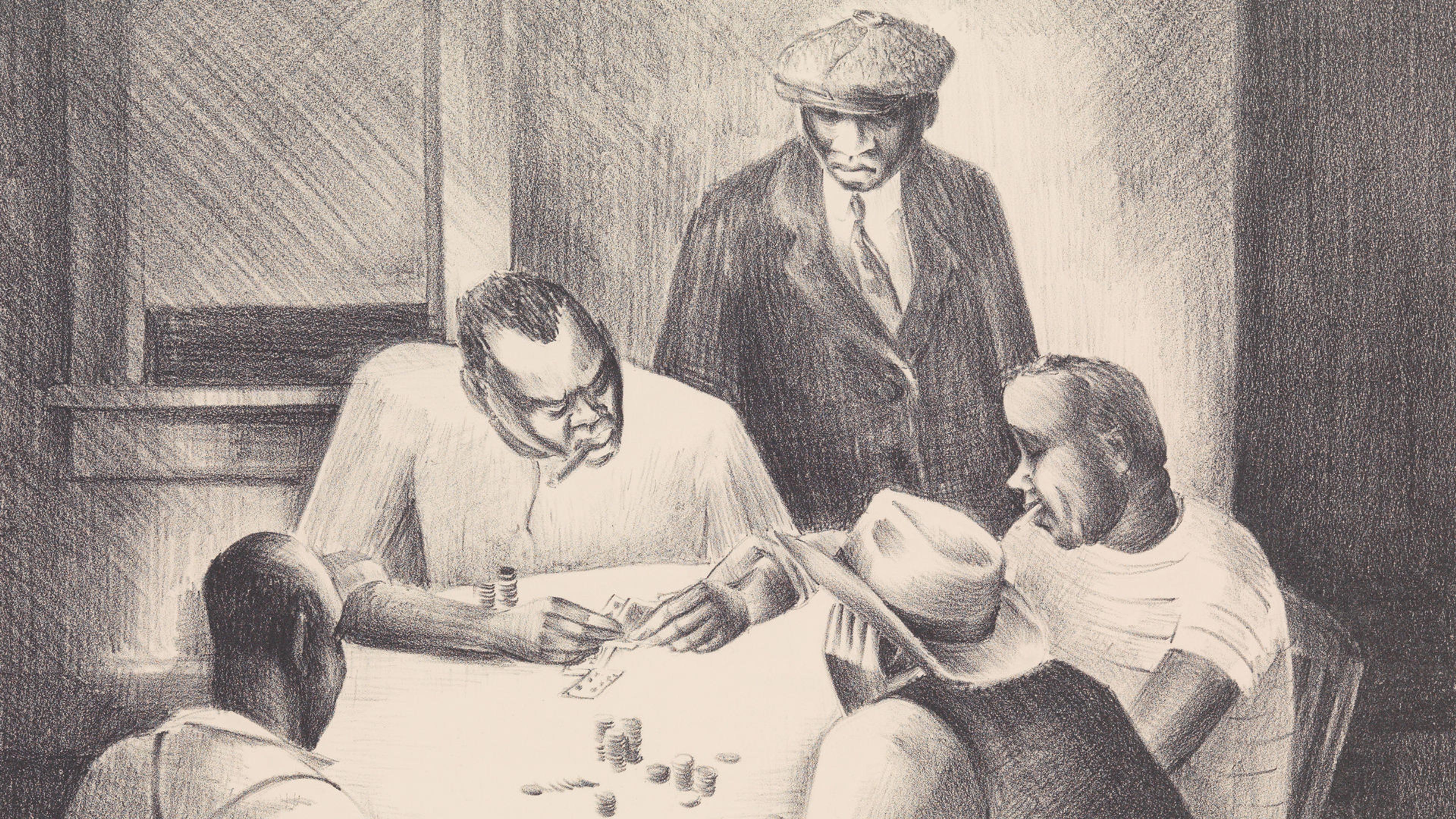 Five black men playing poker at a table with chips and cards. There is a window in the background.