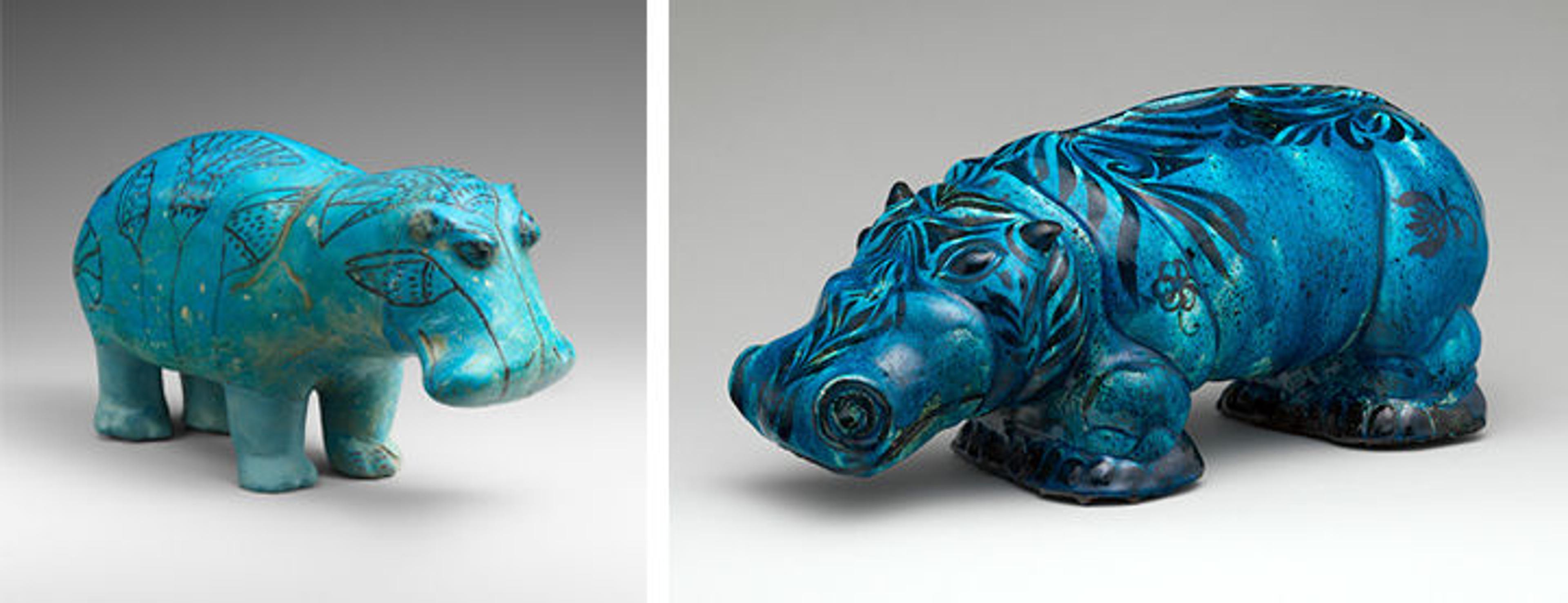 A comparison of two small blue hippo sculptures with with intricate floral designs over the heads and bodies displayed against a neutral background.