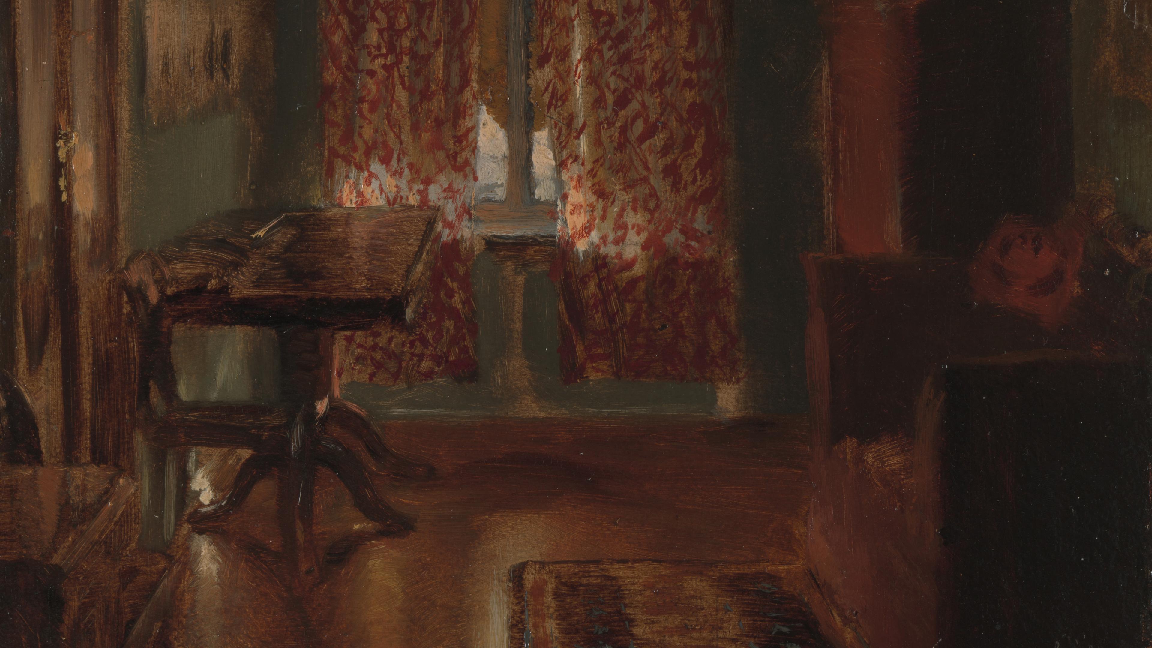 Painting of a living area. Modest light comes through red and gold curtains. A wooden desk, dresser, and armchair round out the image.