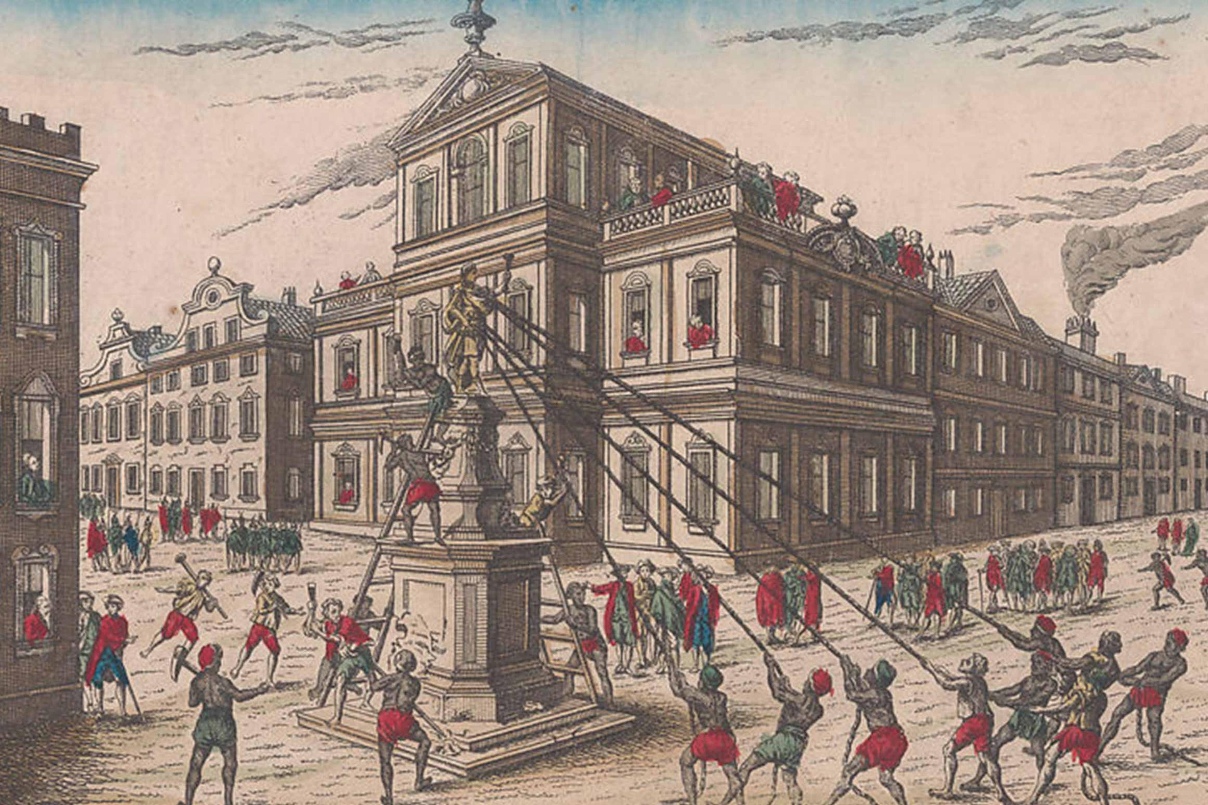 Various people in a plaza pulling strings on a statue