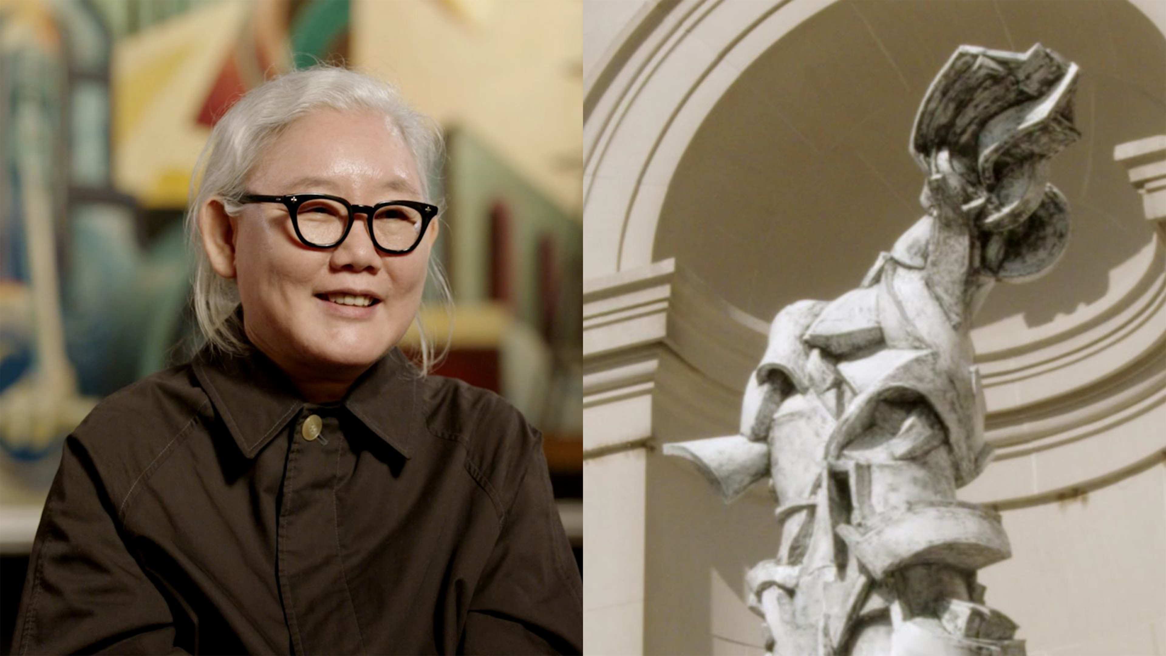 Composite image of a woman with grey hair and sunglasses, next to a white sculpture