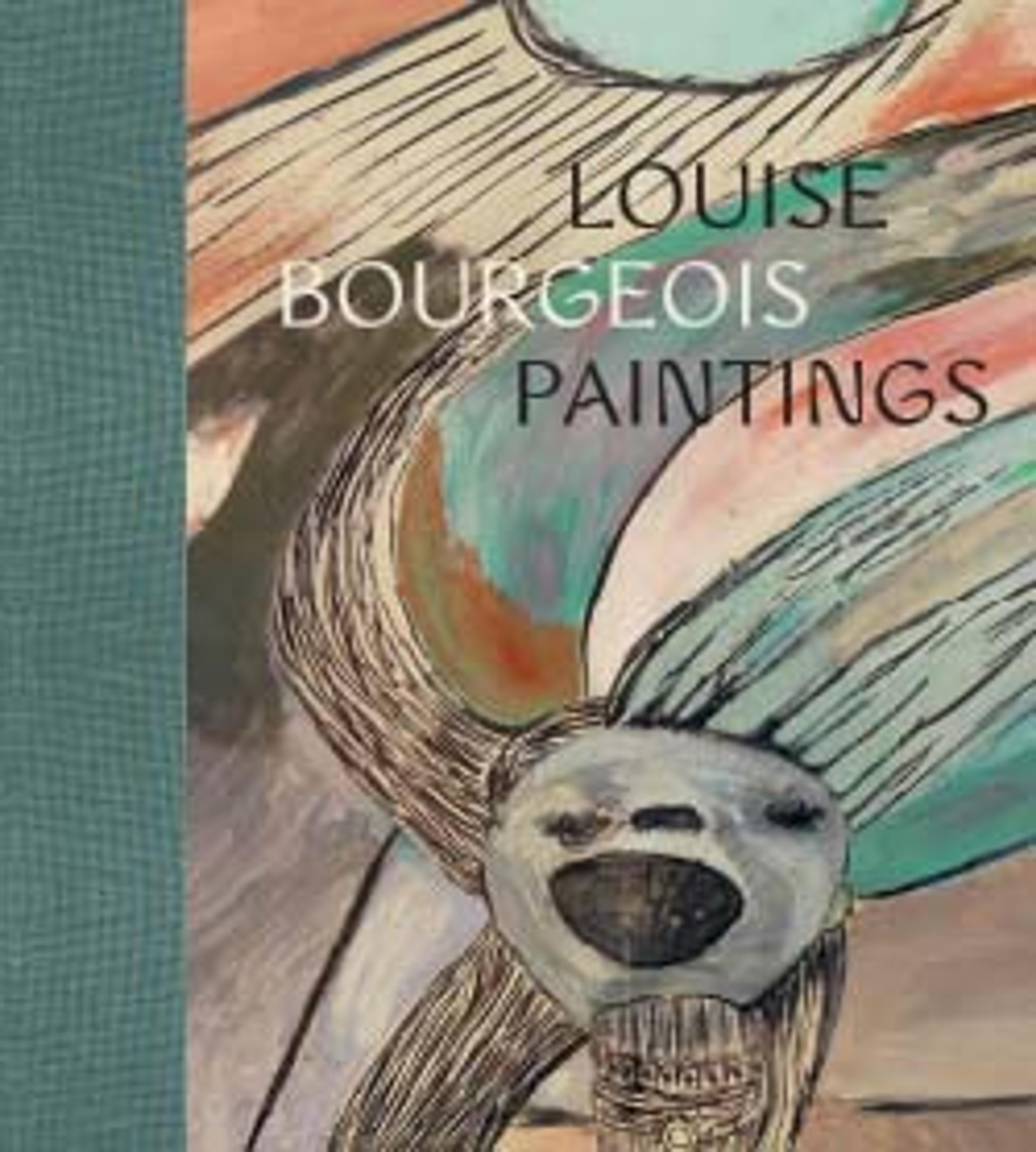 an abstract composition that could have an open-mouthed face with hair swishing back in several clumps and a sun above; the title of the catalogue appears in the upper center