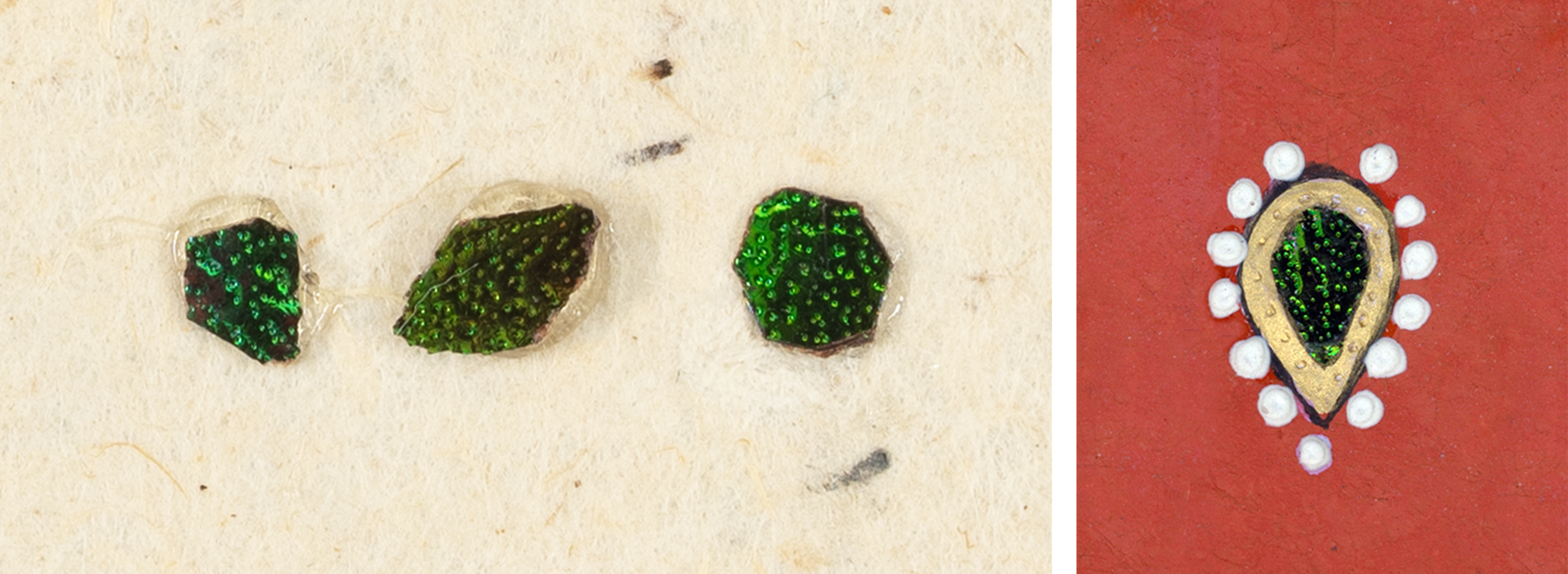 Diptych showing beetle-wing case fragments at left, and a beetle-wing inlay surrounded by dots of paint at right.
