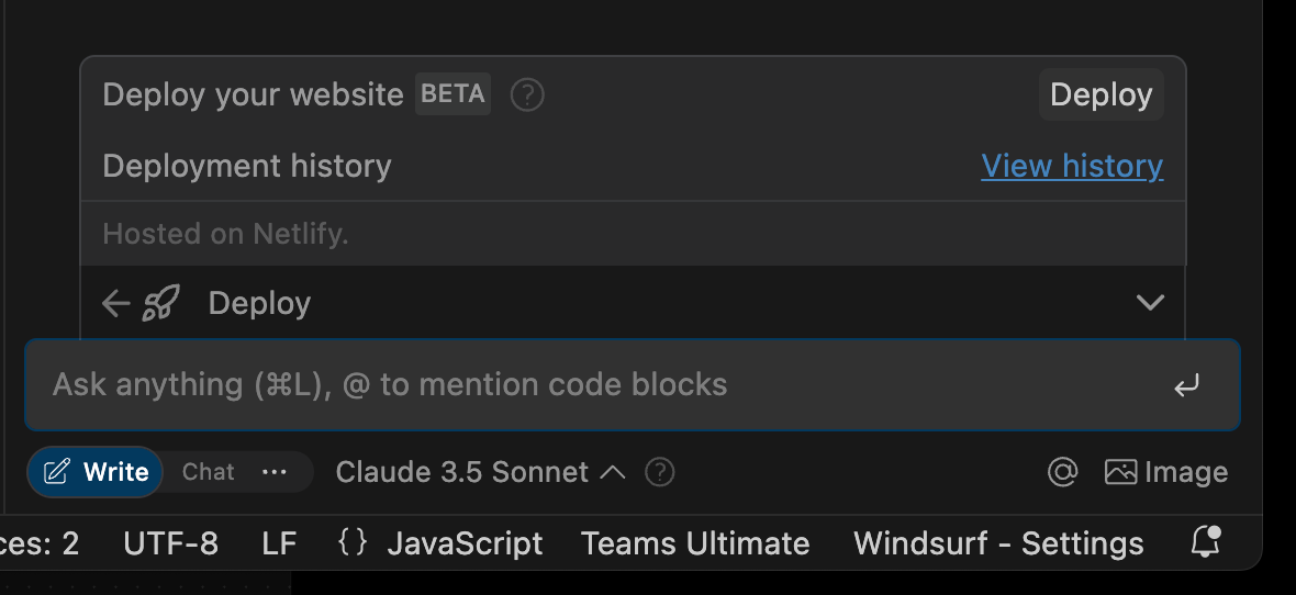 Screenshot of Windsurf UI for deploying a site