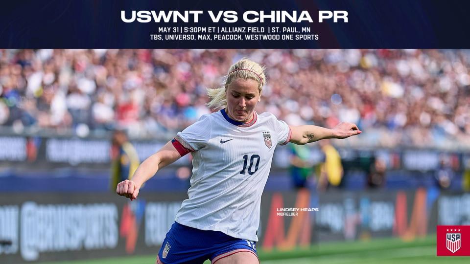 photo of Lindsey Heaps striking ball in white kit text USWNT vs. China PR