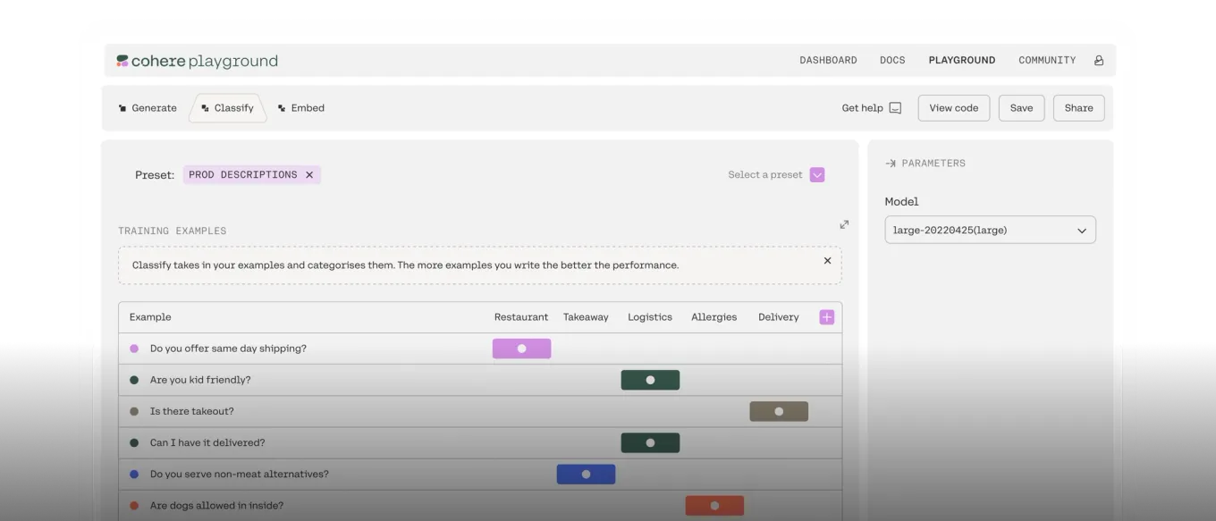 Screenshot of a machine learning interface showing user inputs and outputs. A model named "large" is selected, with labeled categories like Restaurant, Tasting, and Logistics displayed horizontally.